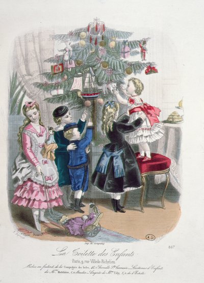 Dekorieren des Weihnachtsbaums, Werbung für La Toilette des Enfants, graviert von P. Derfermeville, 1872 von Isabelle Codouze